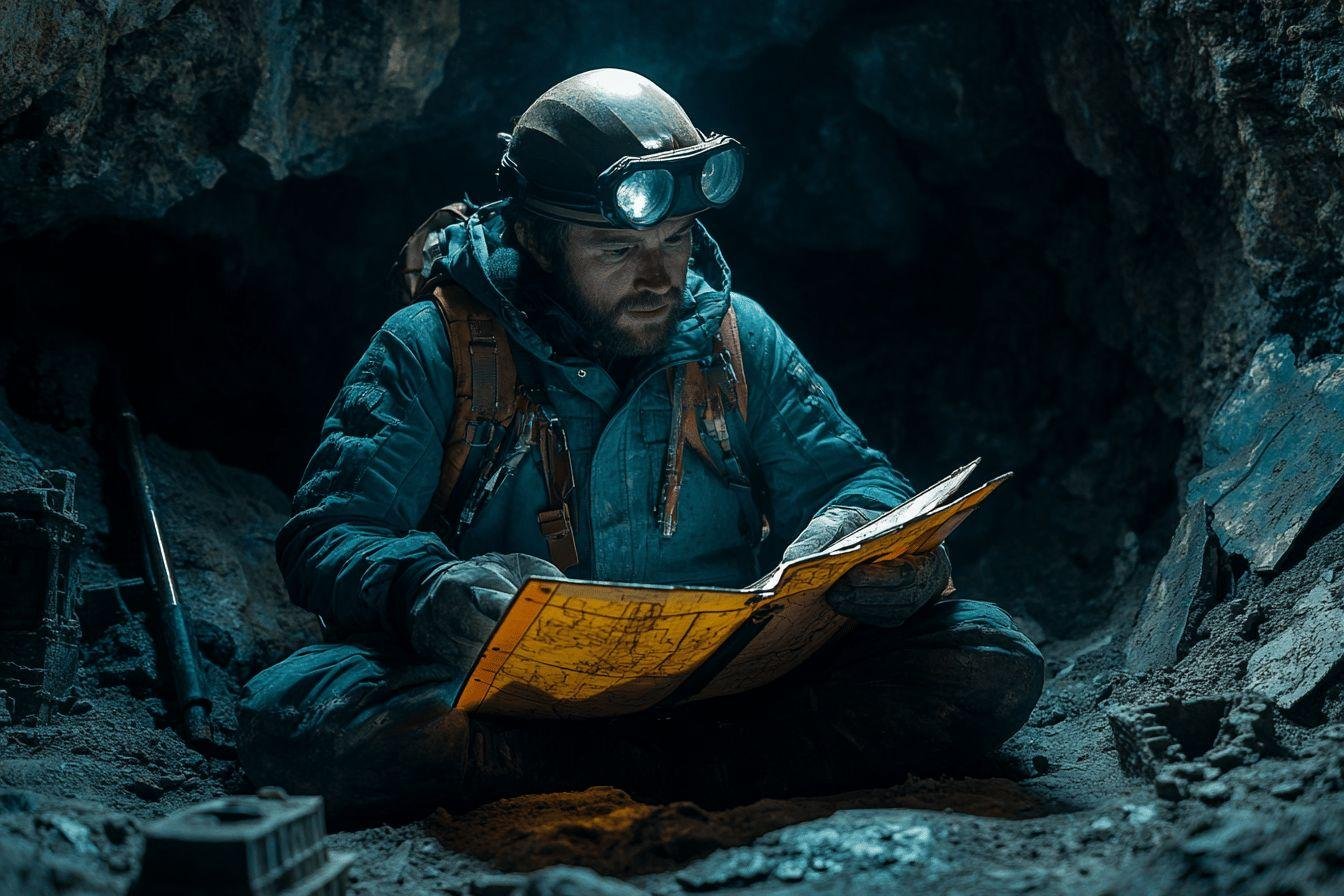 Aventurier casqué lisant une carte dans une grotte sombre