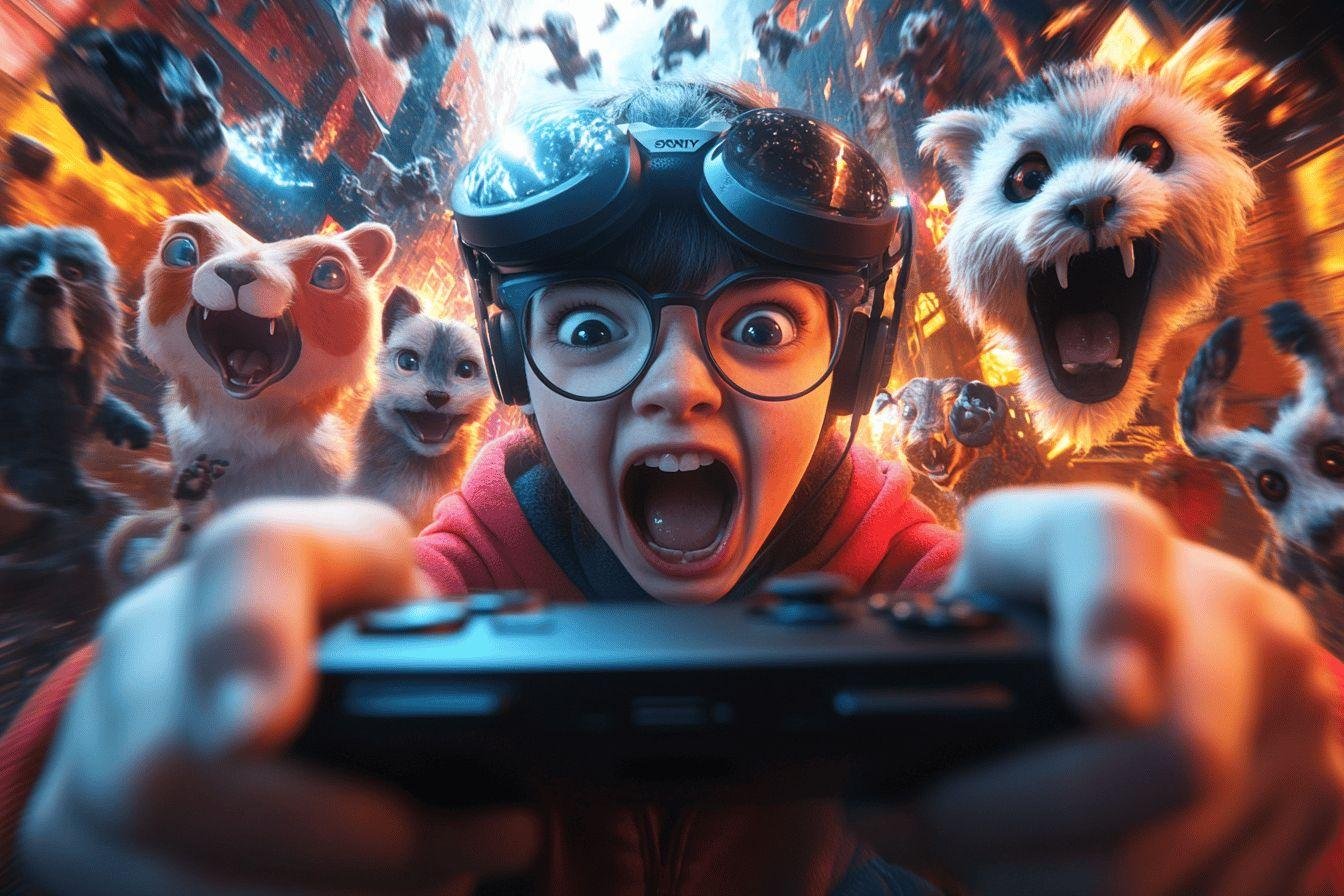Joueur à lunettes avec casque entouré d'animaux excités et expressifs