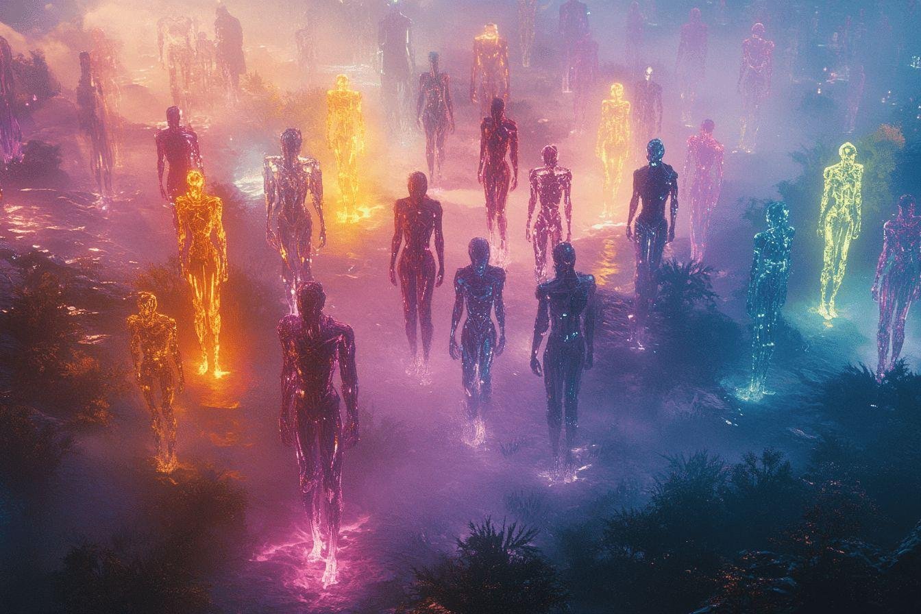 Silhouettes translucides colorées marchant dans un paysage brumeux