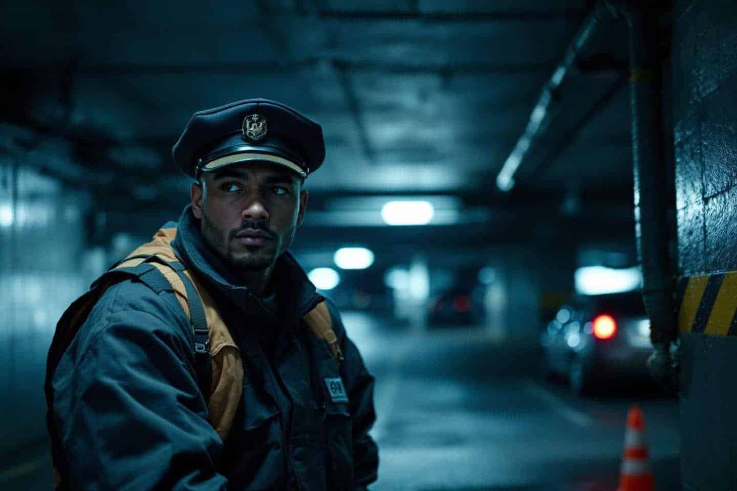 Officier en uniforme sombre dans un parking faiblement éclairé