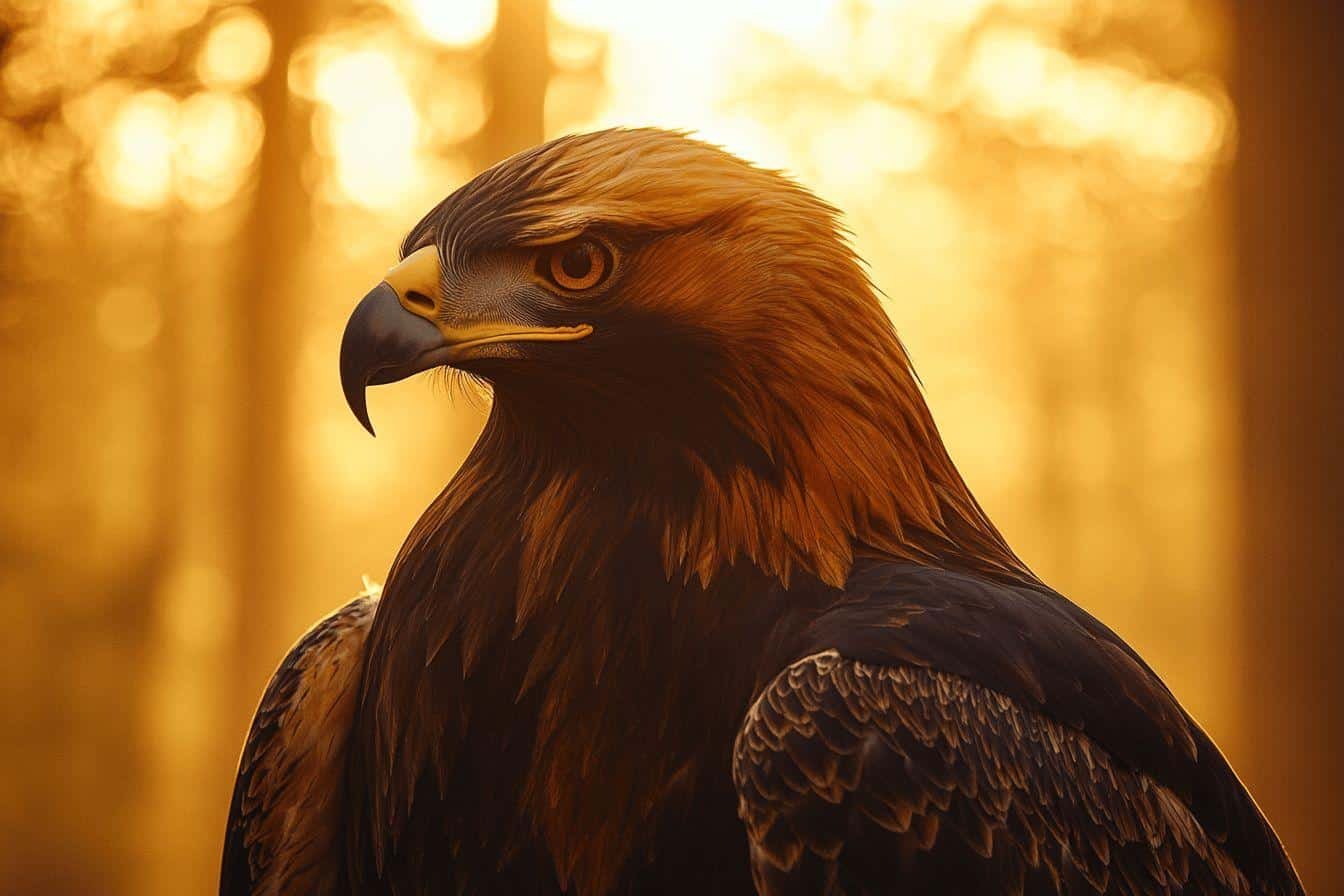 Profil d'un aigle majestueux dans une lumière dorée