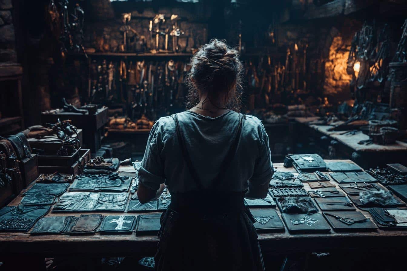 Dos d'artisan devant établi avec objets anciens