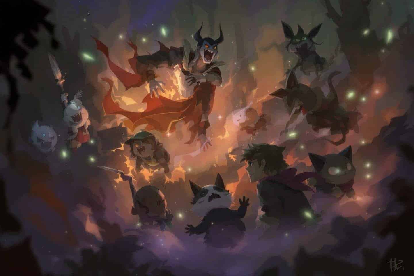 Scène de combat avec des monstres et des personnages fantastiques