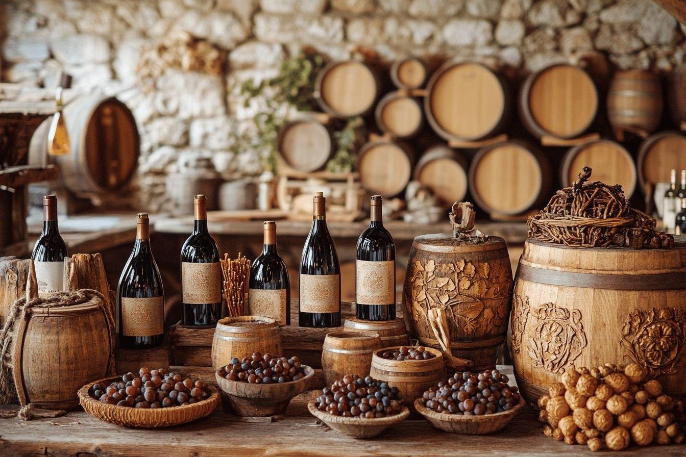 Bouteilles, tonneaux et raisins dans une cave voûtée en pierre