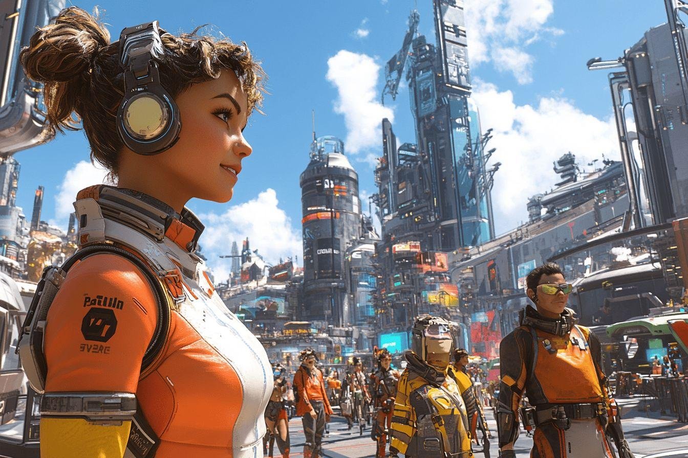 Femme en tenue orange dans une ville high-tech futuriste