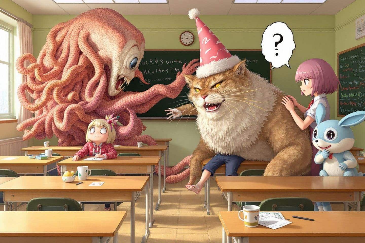 Monstres étranges dans une salle de classe avec des personnages surréalistes