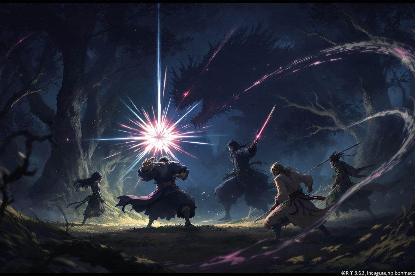 Guerriers affrontant une puissante explosion magique lumineuse