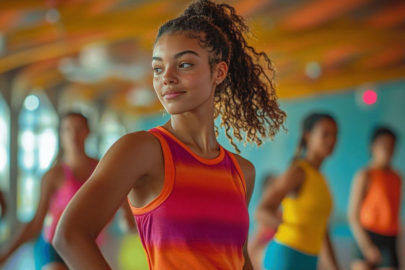 Jeune femme souriante en débardeur dégradé dans un cours de sport