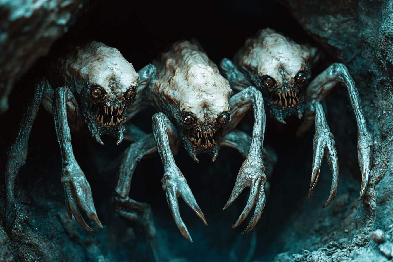 Monstres blancs griffus terrifiants tapis dans une grotte sombre