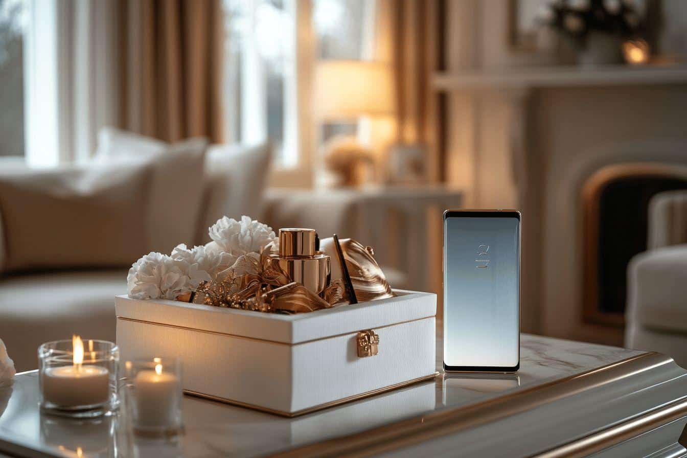 Boîte blanche, accessoires dorés, smartphone et bougies allumées