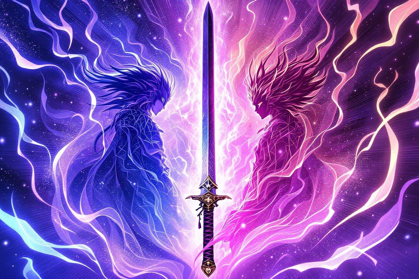 Deux silhouettes spectrales s'affrontent avec une épée céleste