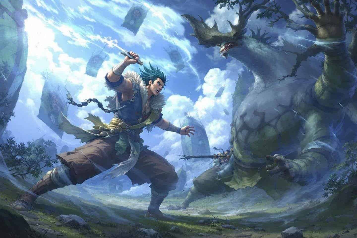 Guerrier aux cheveux bleus combattant une créature végétale