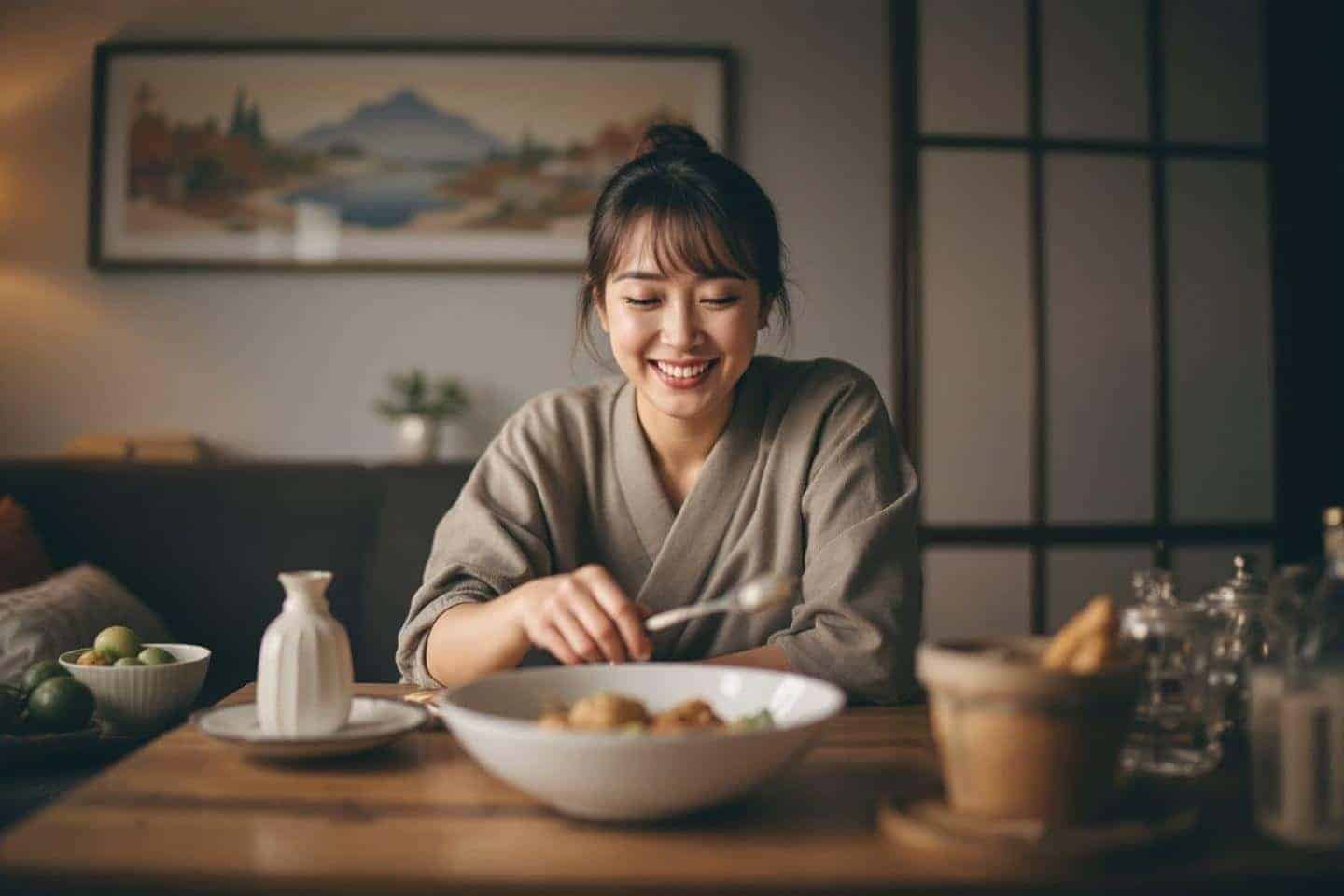 Jeune femme en kimono gris dînant avec joie à table