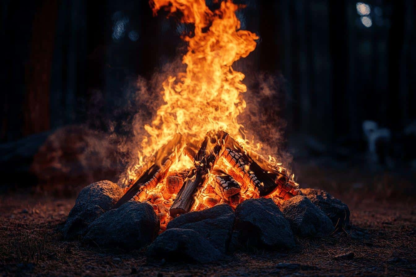 Flammes oranges vives entourées de pierres sombres