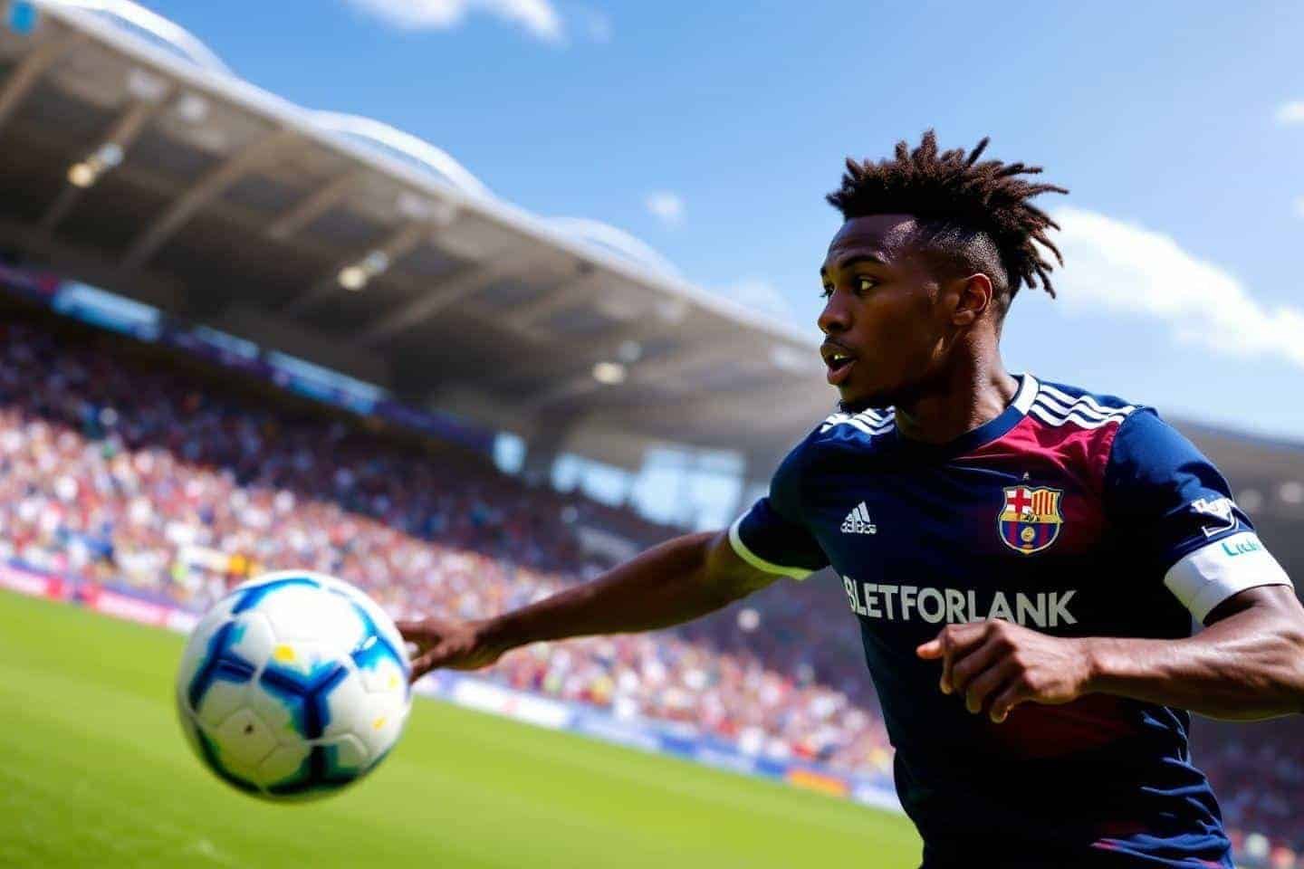 Joueur de football en maillot bleu avec ballon sur terrain