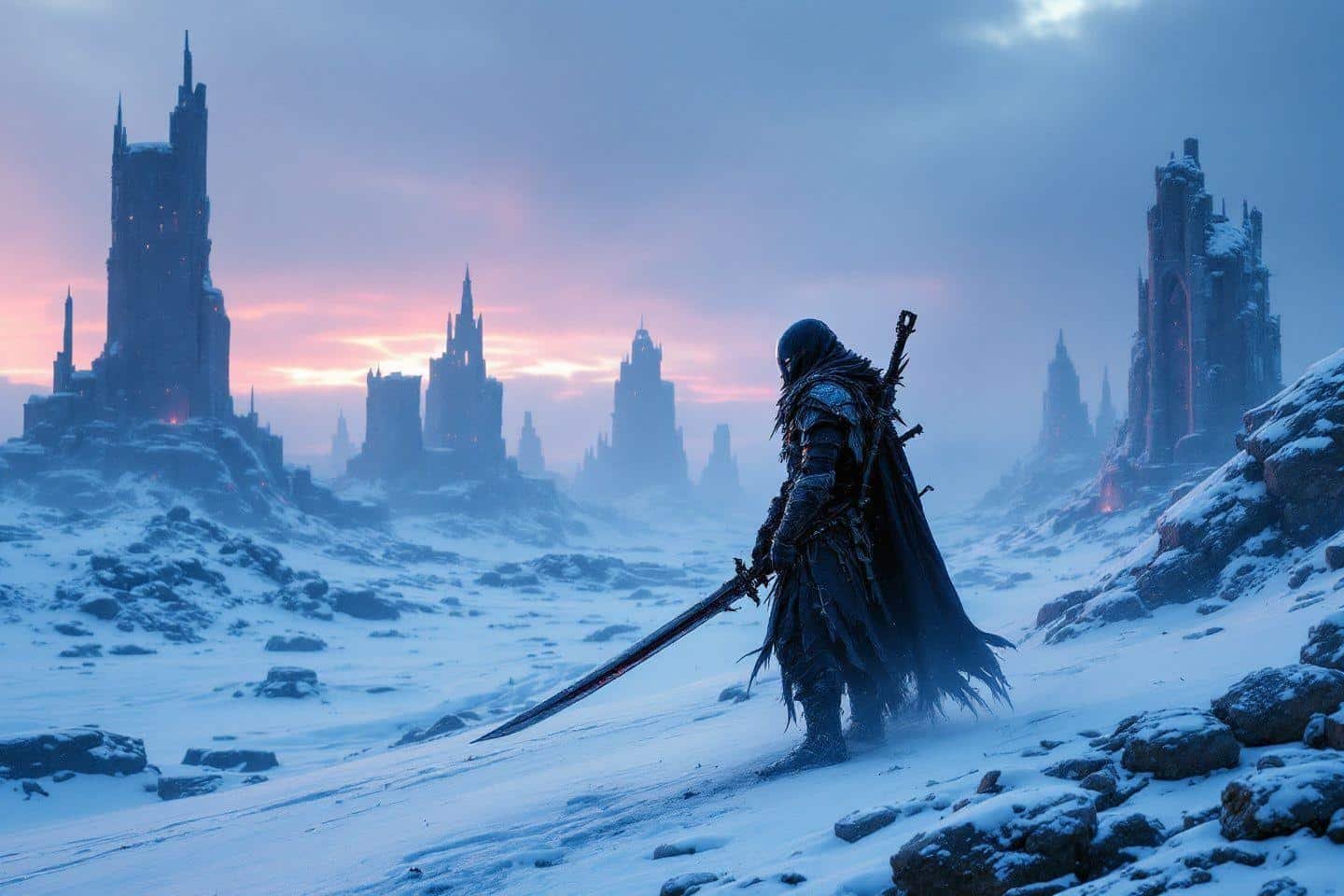 Silhouette armée dans un paysage glacial avec châteaux gothiques