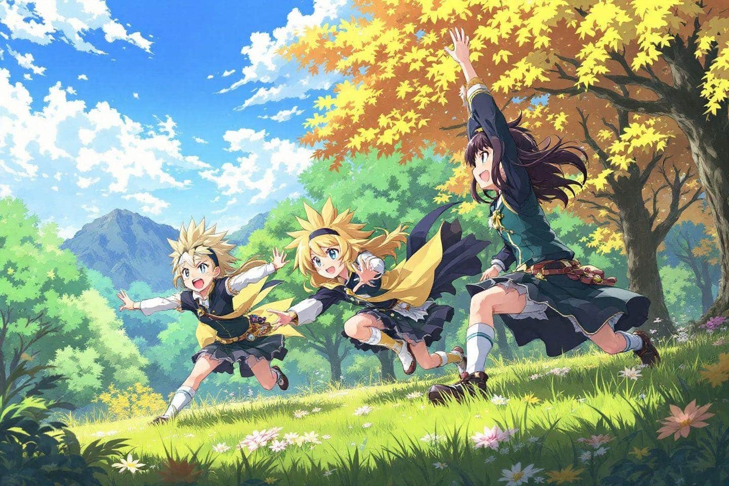 Trois personnages d'anime sautant dans un paysage verdoyant