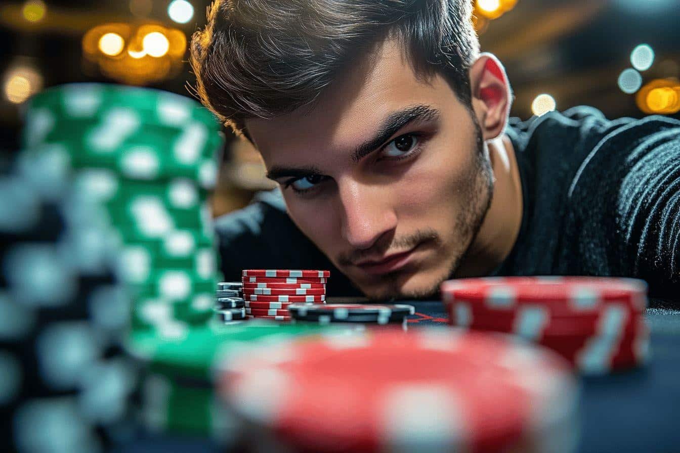 Homme regardant attentivement des jetons de poker colorés
