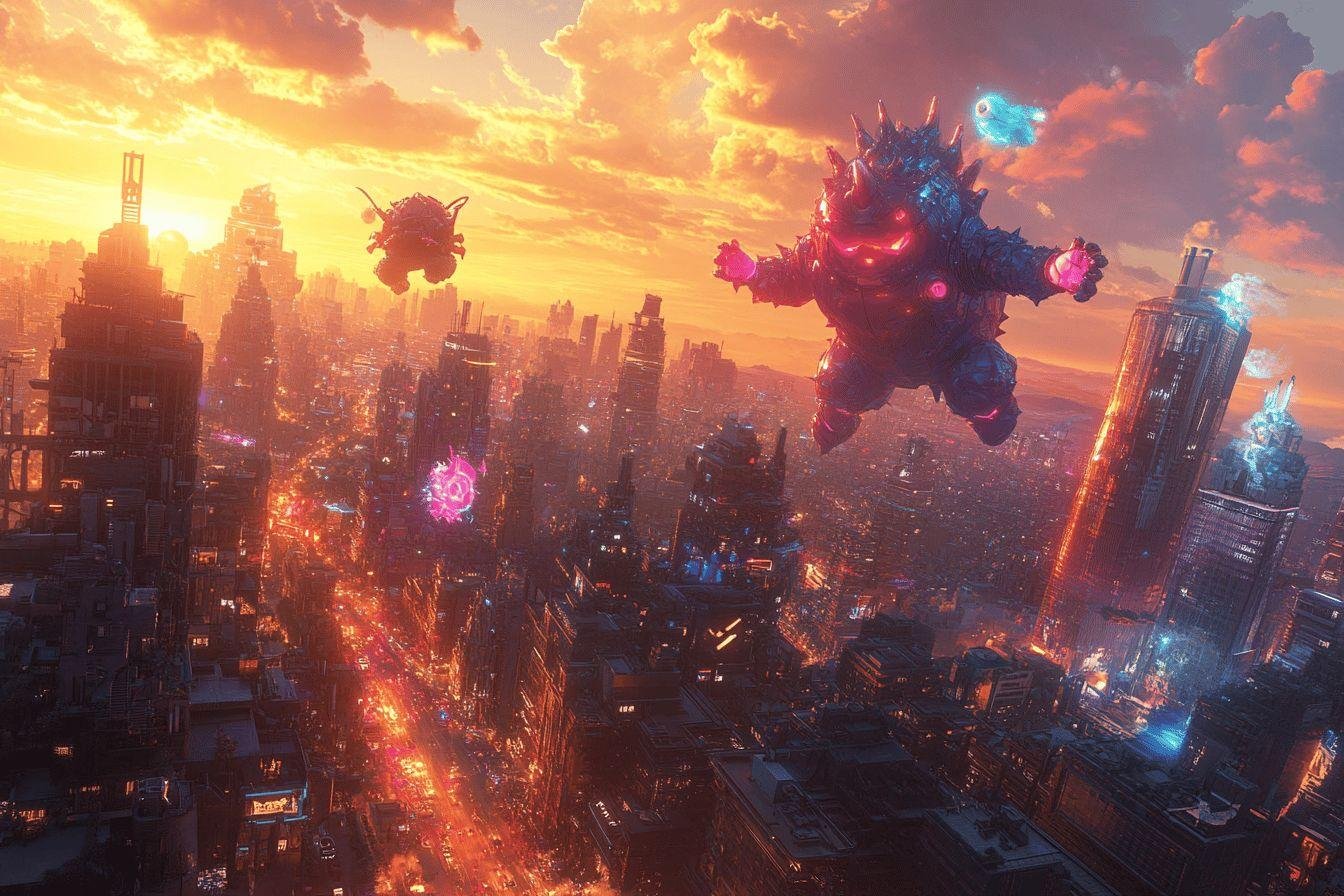 Monstres cybernétiques volants au-dessus d'une ville futuriste en feu