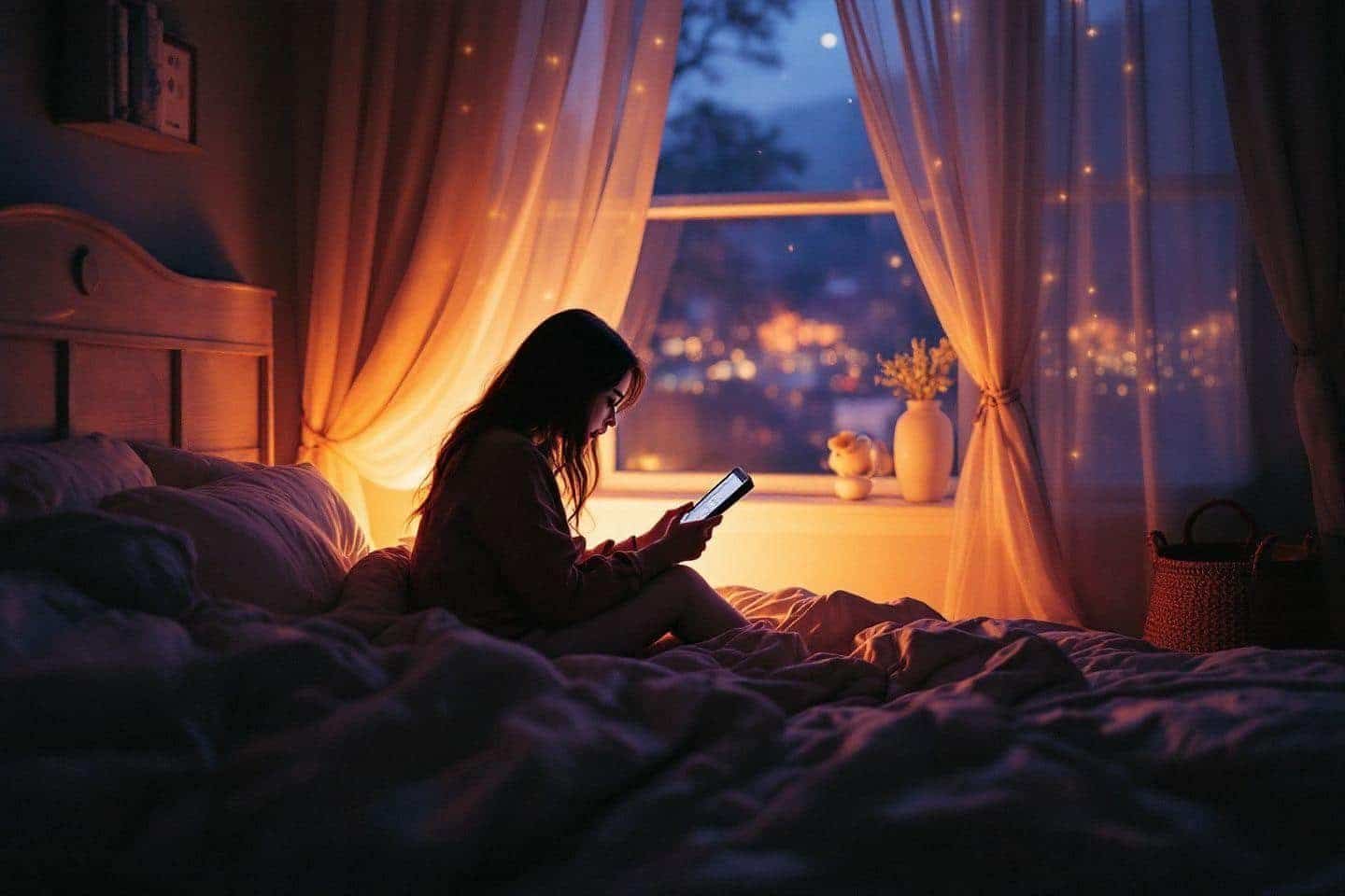 Silhouette lisant sur une tablette dans une chambre paisible