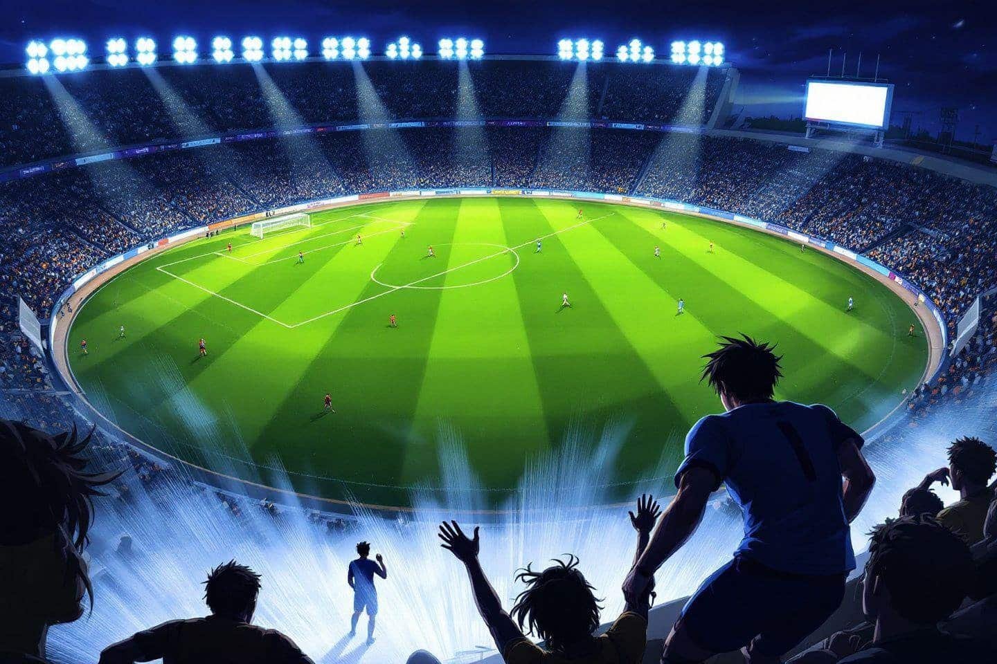 Terrain de football lumineux avec supporters dans les tribunes