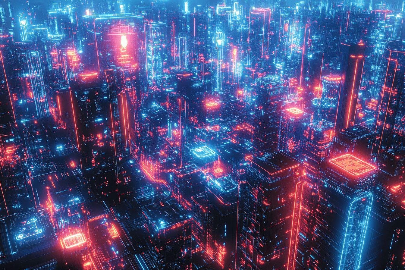 Ville futuriste avec gratte-ciels lumineux bleus et rouges