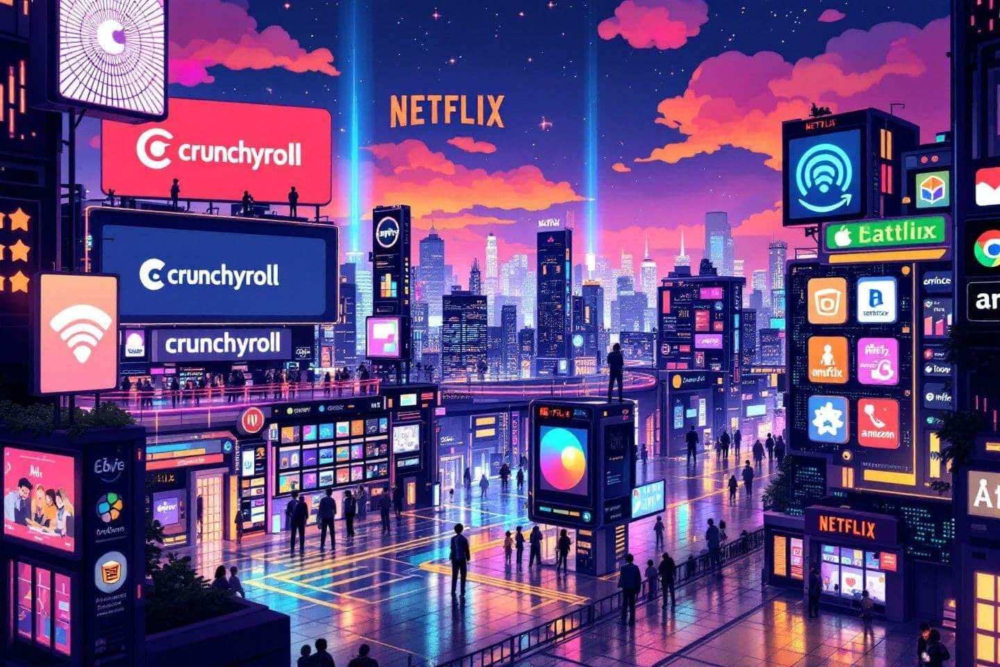 Ville futuriste avec panneaux d'applications et écrans lumineux colorés