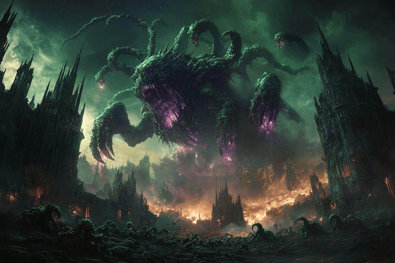 Créature verte géante apocalyptique dans un paysage en feu