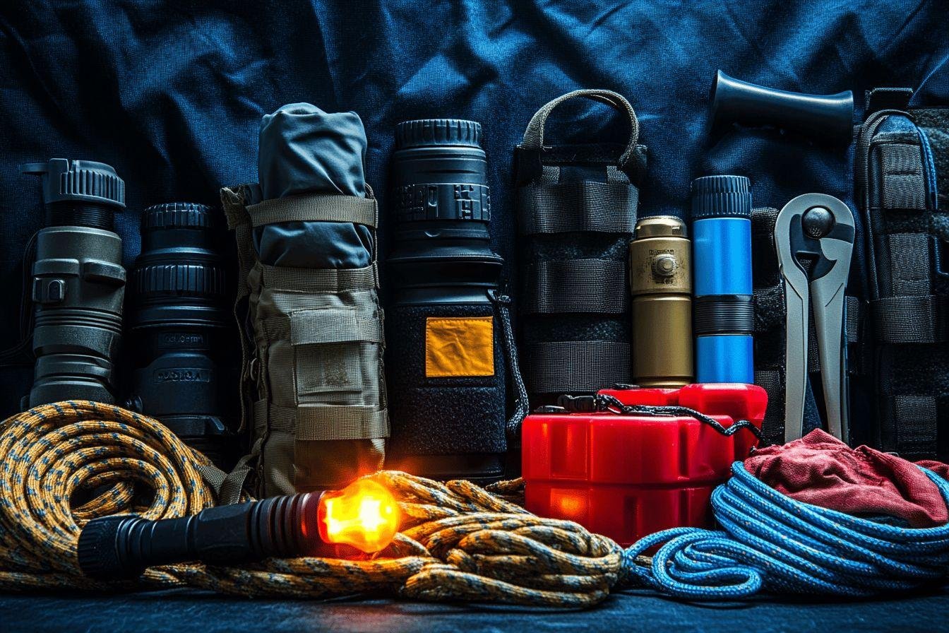 Matériel de survie avec lampes torches, cordes et sacoches