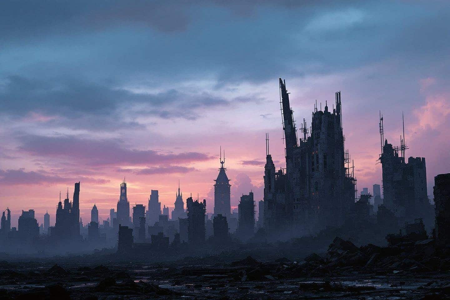 Skyline dévasté de gratte-ciels effondrés sous un ciel crépusculaire