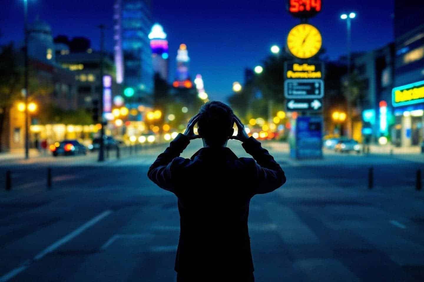 Silhouette solitaire avec casque face à une ville illuminée