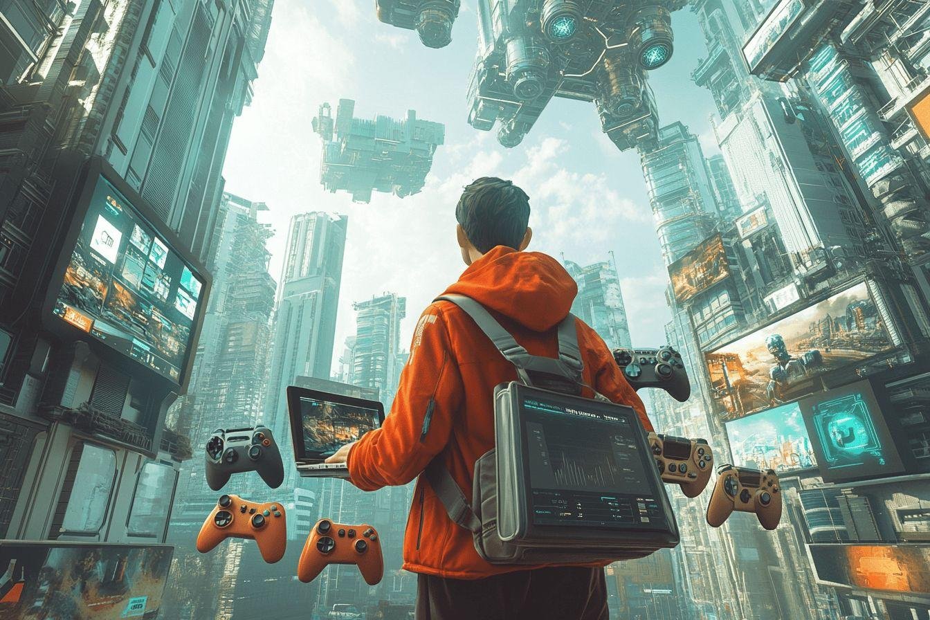 Personnage à capuche orange entouré d'écrans et de contrôleurs