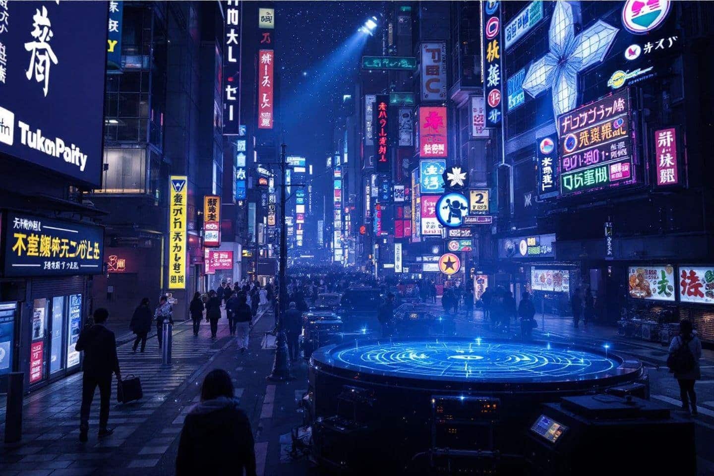 Rue japonaise futuriste de nuit avec écrans lumineux et silhouettes