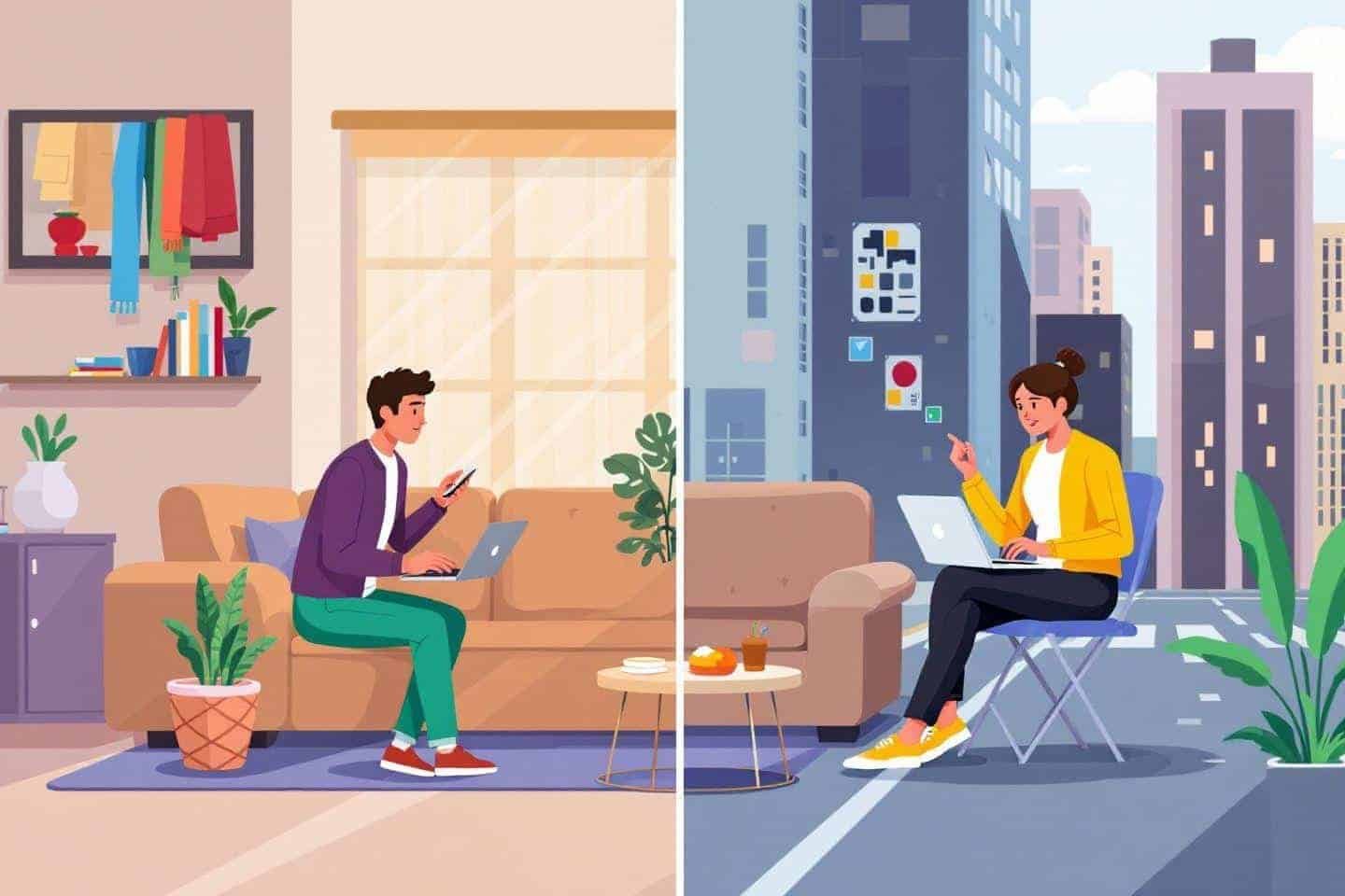 Deux personnes travaillant sur ordinateur dans des environnements différents