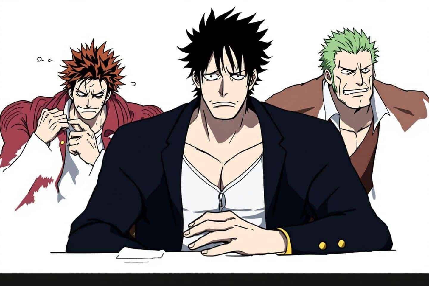 Trio anime aux expressions sombres assis côte à côte