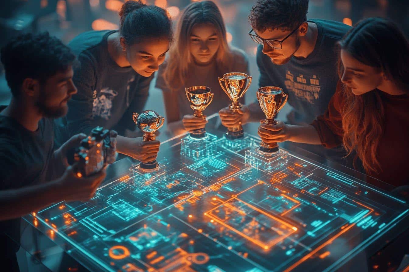 Équipe tenant des coupes sur un plateau de circuit numérique