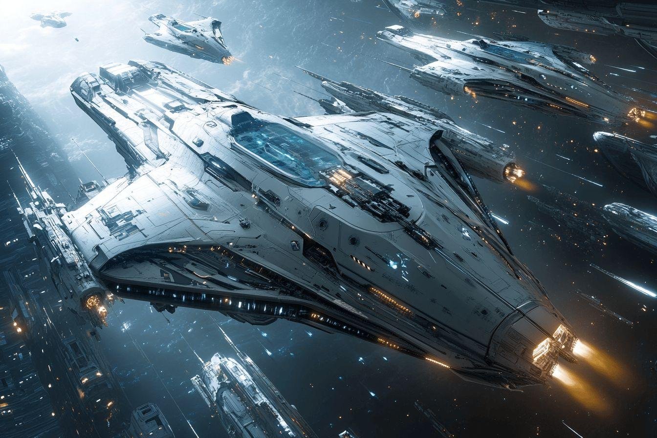 Flottes de navires futuristes blancs dans l'espace sombre et glacial