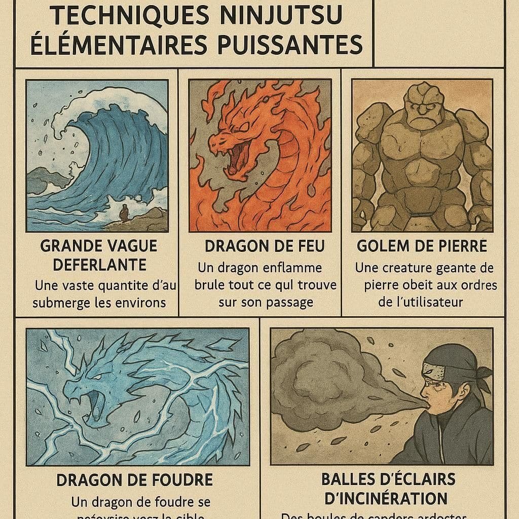 Découvrez la liste complète des techniques liées au chakra dans l'univers de Naruto, incluant les éléments et leurs pouvoirs uniques utilisés par les ninjas.