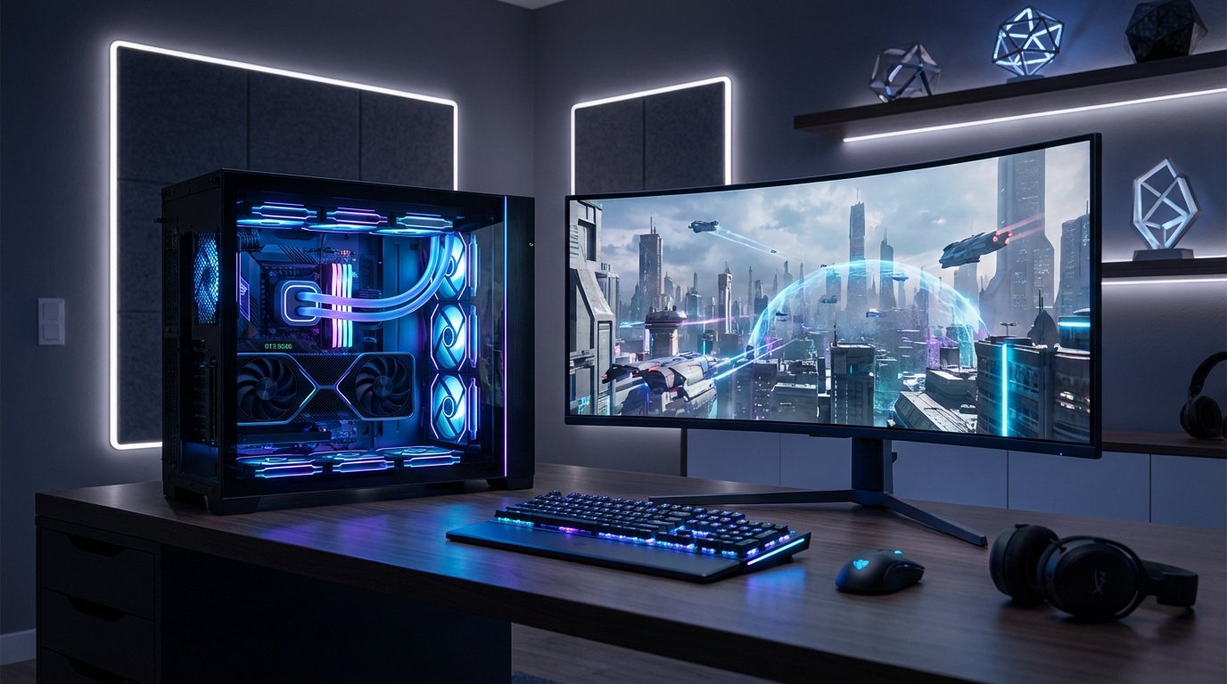 Un setup gaming moderne et puissant avec un PC lumineux RGB, un écran incurvé affichant une ville futuriste, clavier, souris et casque sur un bureau.