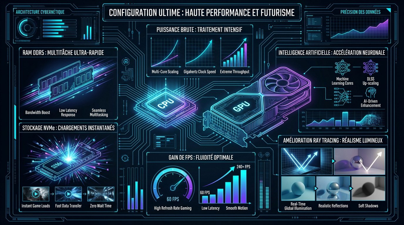 Configuration PC gaming ultra performante avec éclairage futuriste et composants de 2026